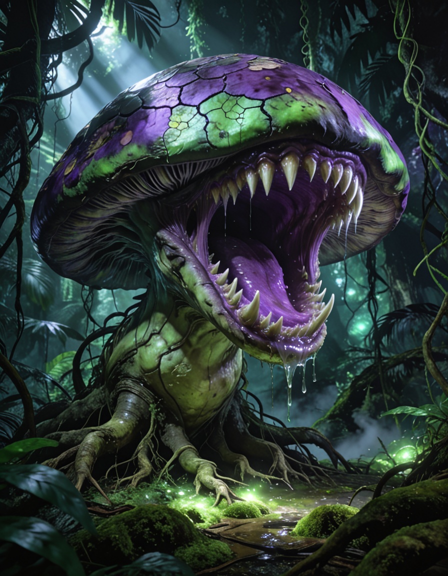 enormous carnivorous mushr00mbackground focus,  no humans,  dense tropical jungle on Tensor.Art
