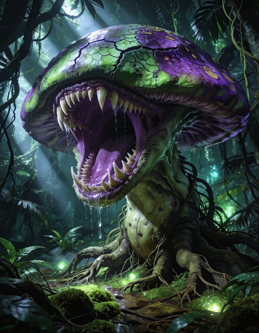 enormous carnivorous mushr00mbackground focus,  no humans,  dense tropical jungle on Tensor.Art