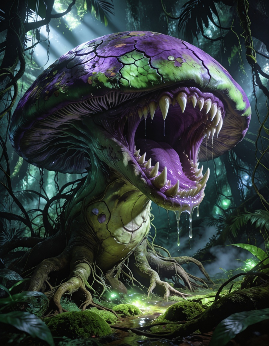 enormous carnivorous mushr00mbackground focus,  no humans,  dense tropical jungle on Tensor.Art