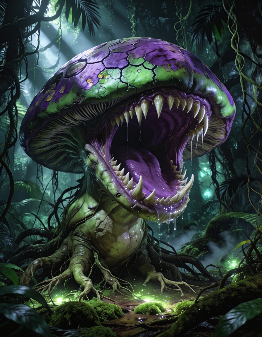 enormous carnivorous mushr00mbackground focus,  no humans,  dense tropical jungle on Tensor.Art
