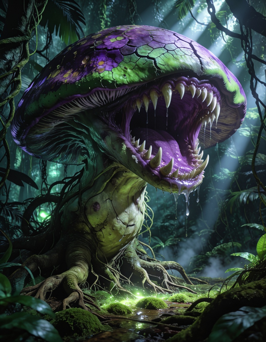 enormous carnivorous mushr00mbackground focus,  no humans,  dense tropical jungle on Tensor.Art