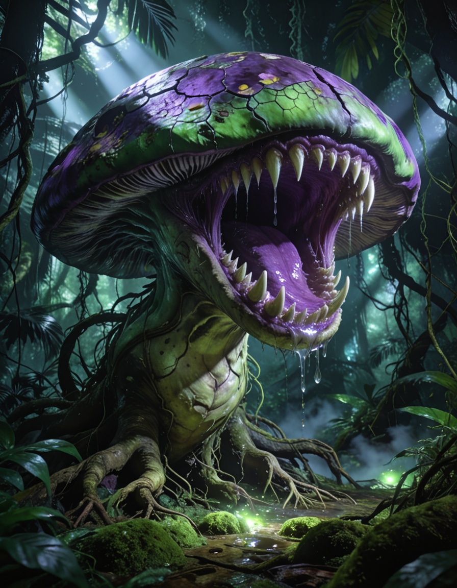 enormous carnivorous mushr00mbackground focus,  no humans,  dense tropical jungle on Tensor.Art