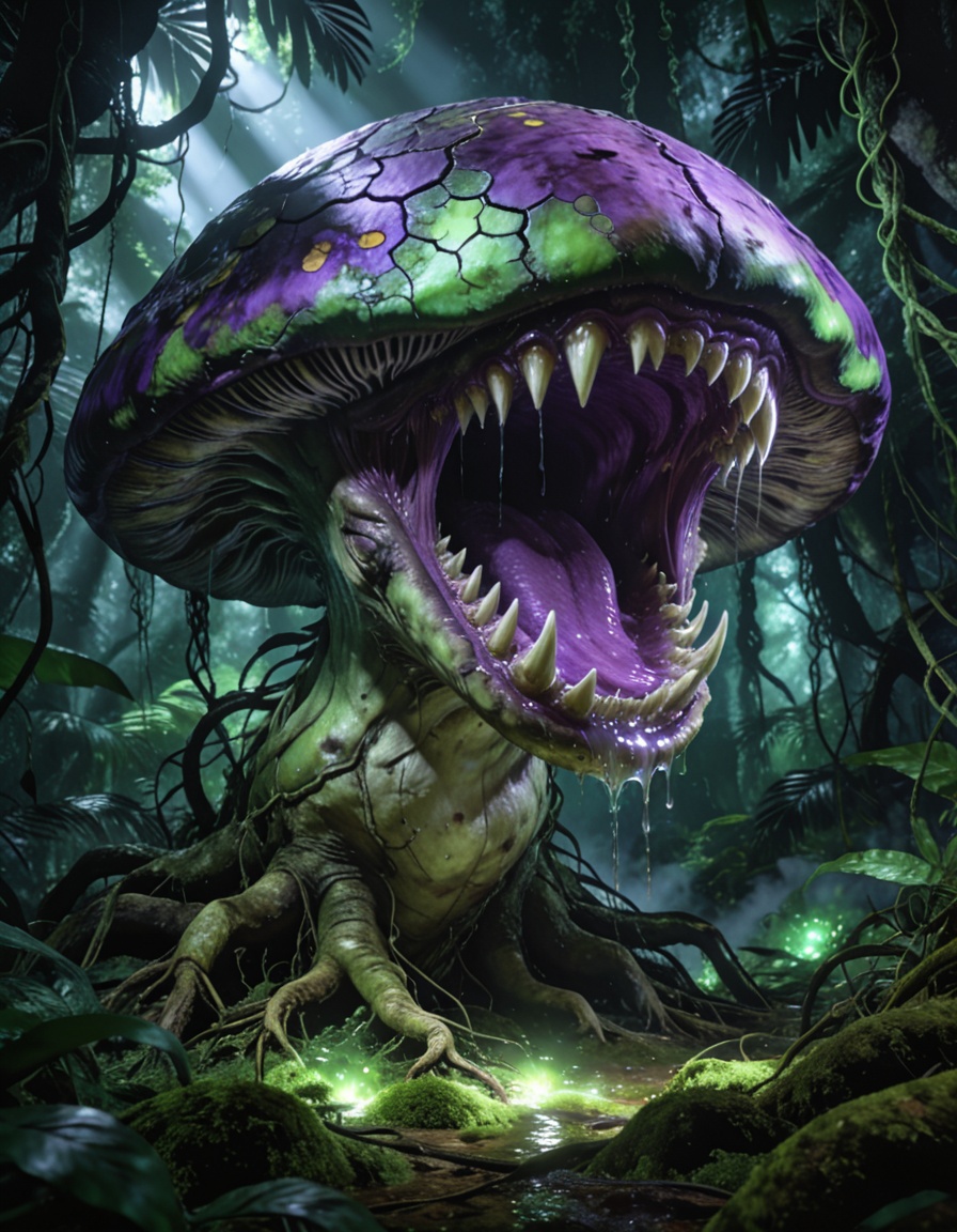 enormous carnivorous mushr00mbackground focus,  no humans,  dense tropical jungle on Tensor.Art