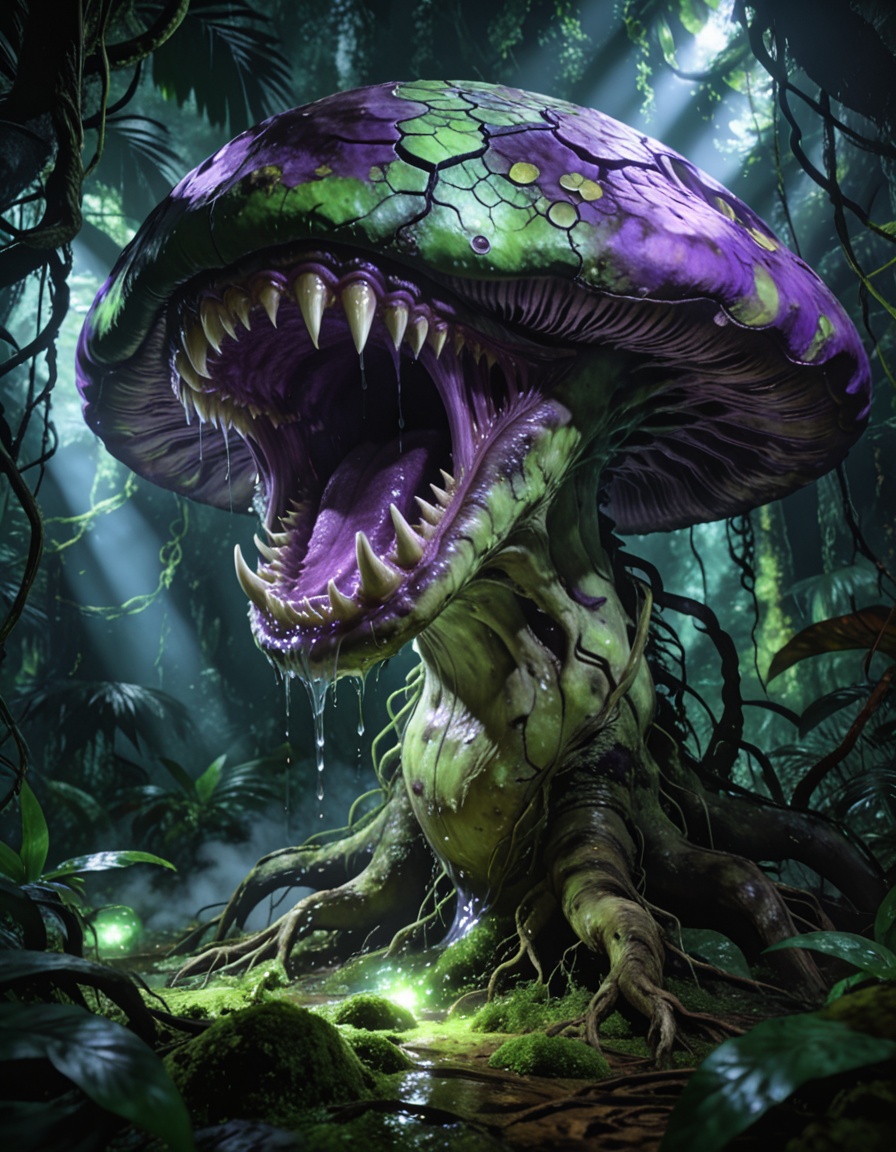 enormous carnivorous mushr00mbackground focus,  no humans,  dense tropical jungle on Tensor.Art