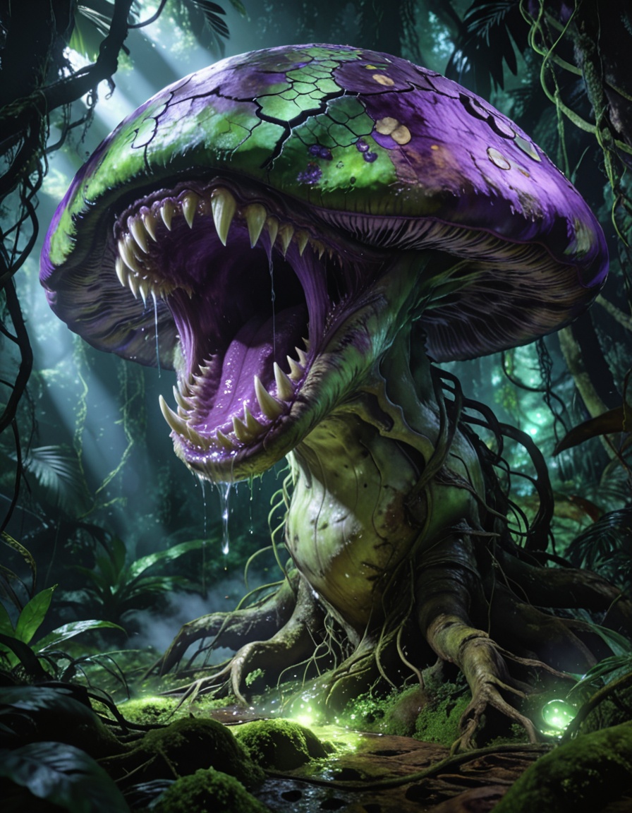 enormous carnivorous mushr00mbackground focus,  no humans,  dense tropical jungle on Tensor.Art