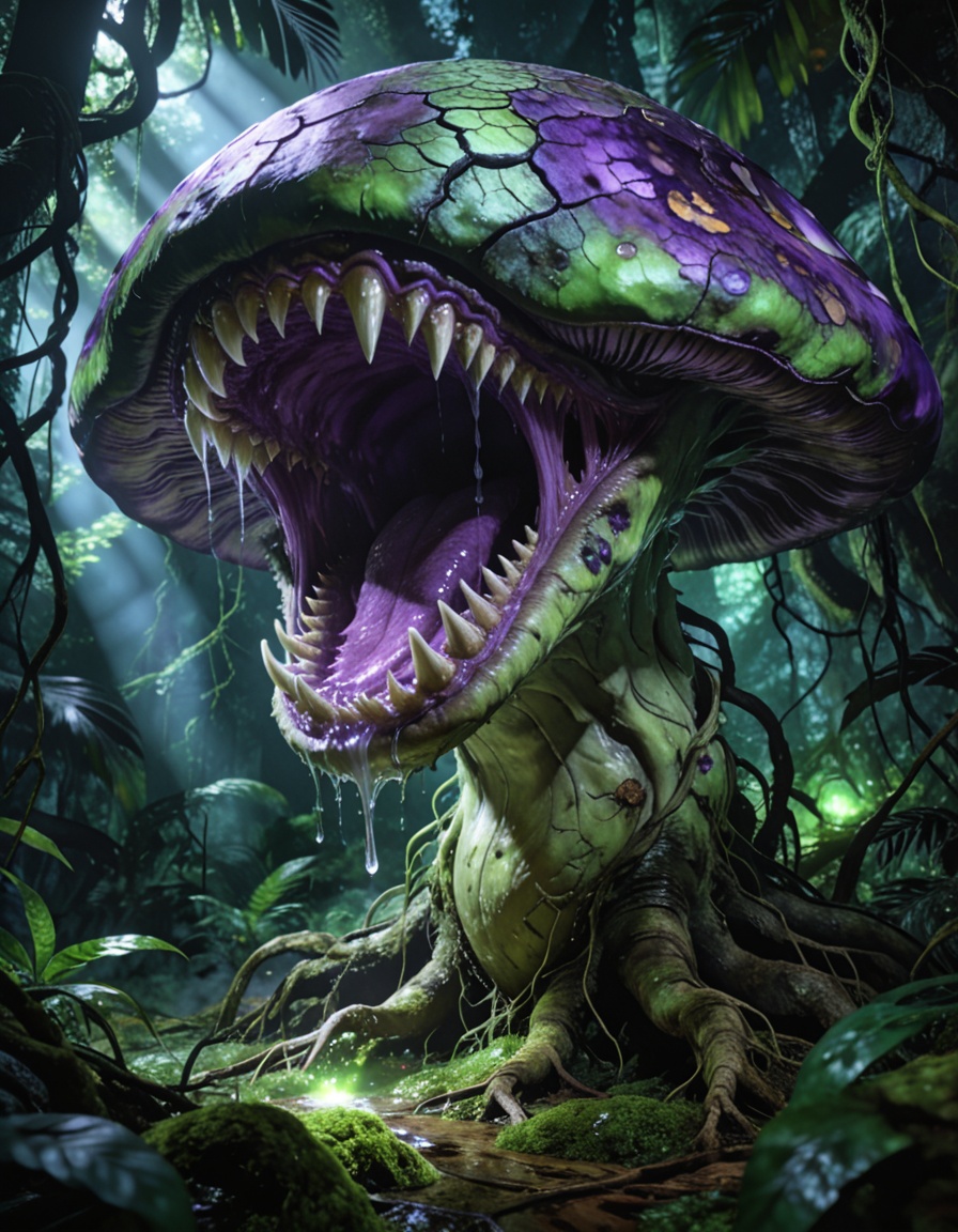 enormous carnivorous mushr00mbackground focus,  no humans,  dense tropical jungle on Tensor.Art