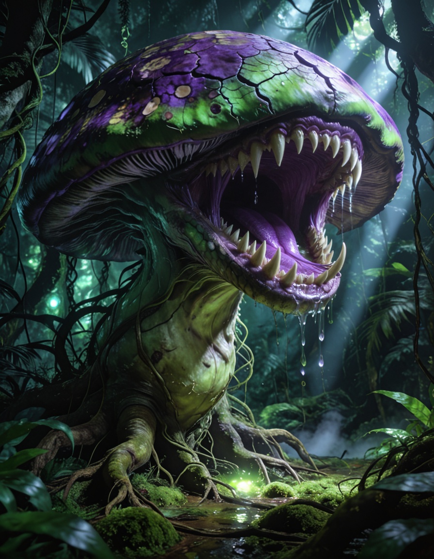 enormous carnivorous mushr00mbackground focus,  no humans,  dense tropical jungle on Tensor.Art