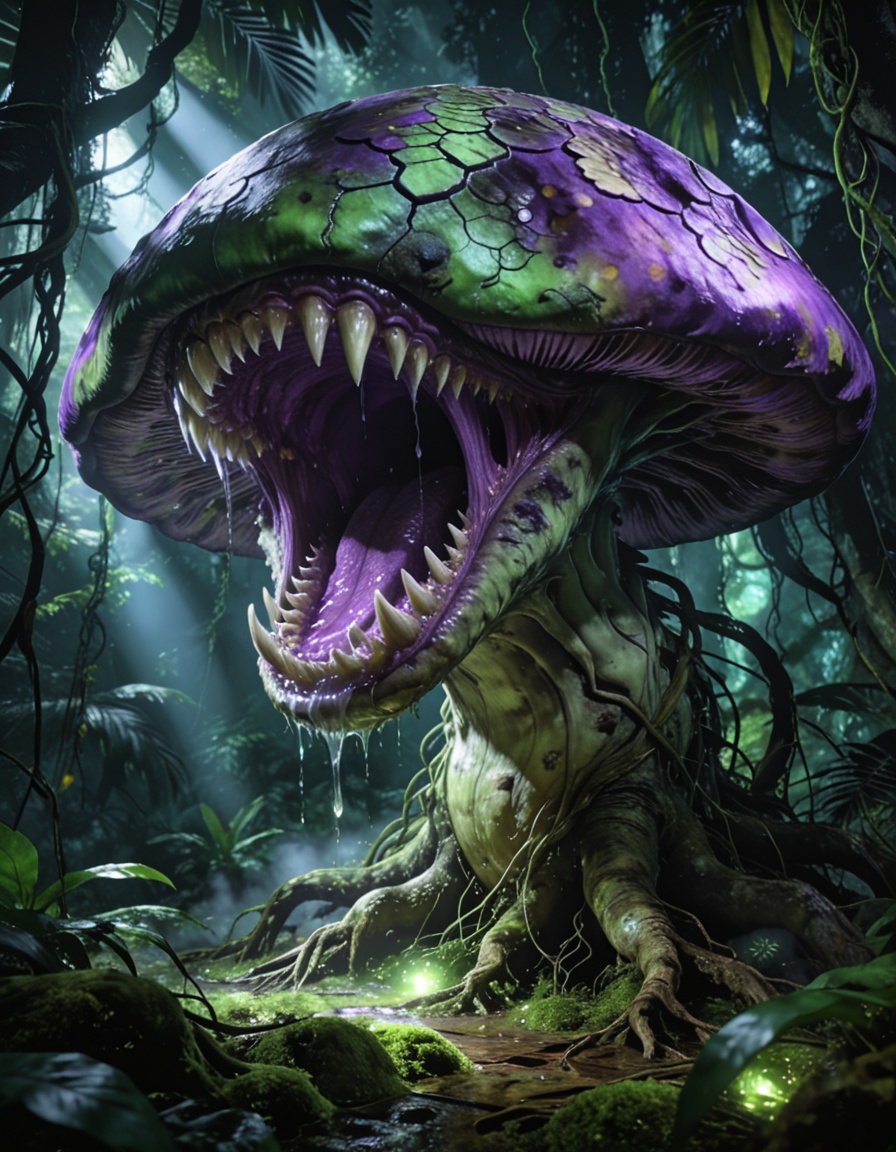 enormous carnivorous mushr00mbackground focus,  no humans,  dense tropical jungle on Tensor.Art