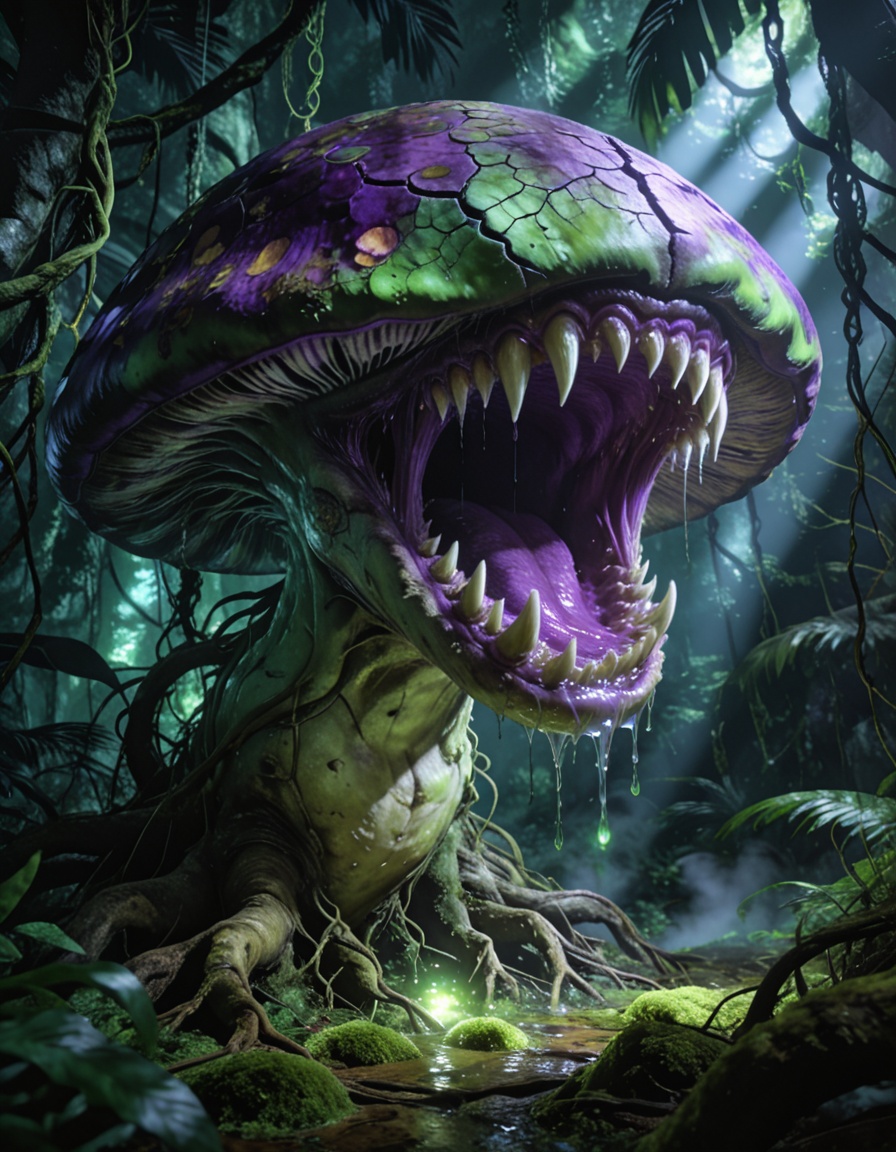 enormous carnivorous mushr00mbackground focus,  no humans,  dense tropical jungle on Tensor.Art