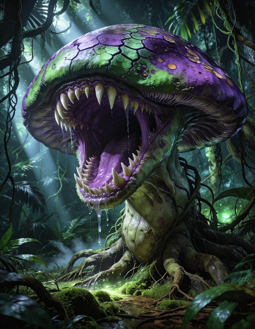 enormous carnivorous mushr00mbackground focus,  no humans,  dense tropical jungle on Tensor.Art