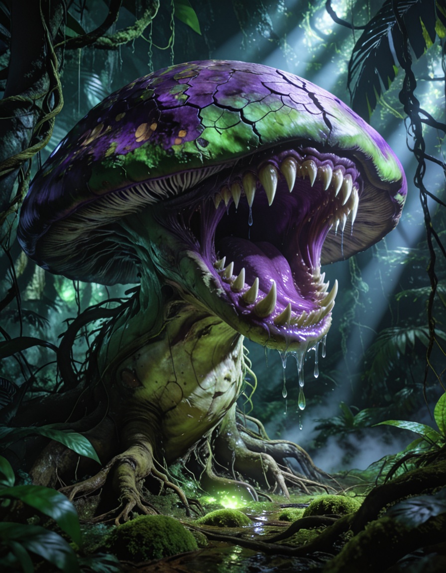 enormous carnivorous mushr00mbackground focus,  no humans,  dense tropical jungle on Tensor.Art