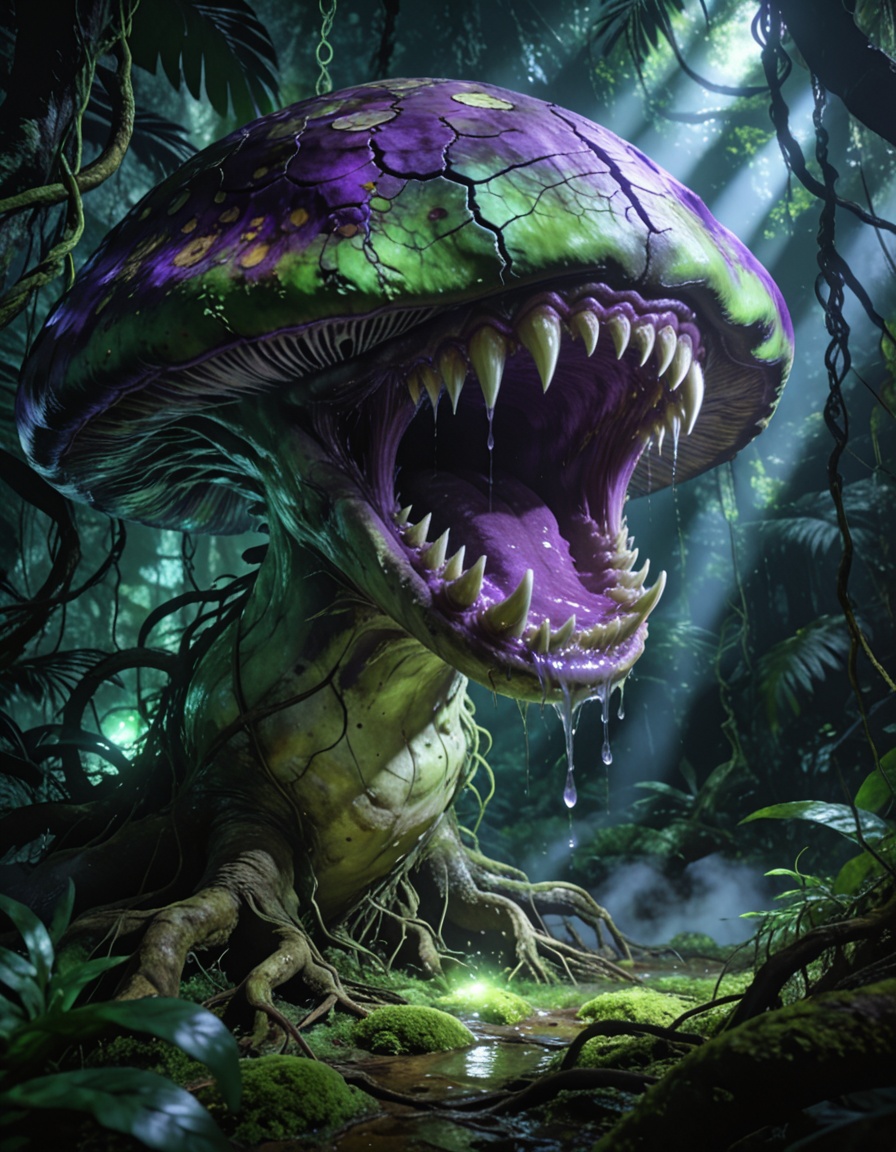 enormous carnivorous mushr00mbackground focus,  no humans,  dense tropical jungle on Tensor.Art