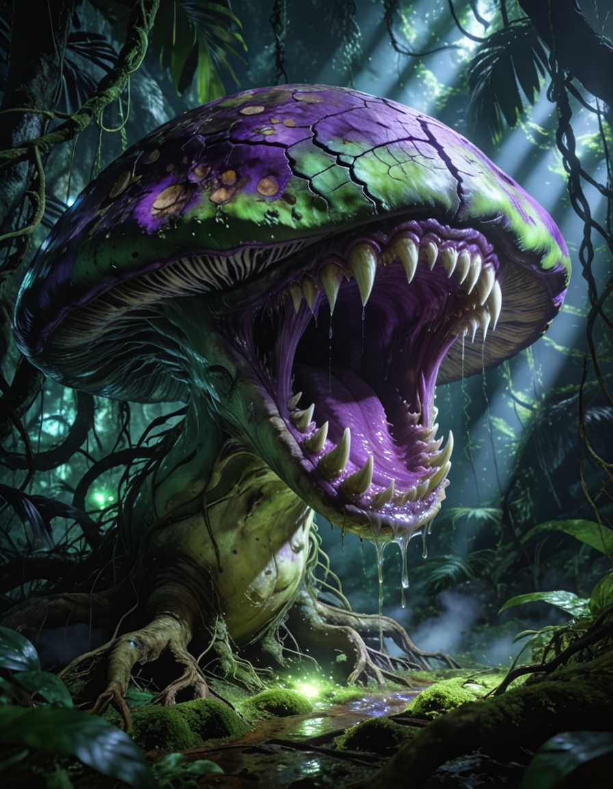 enormous carnivorous mushr00mbackground focus,  no humans,  dense tropical jungle on Tensor.Art