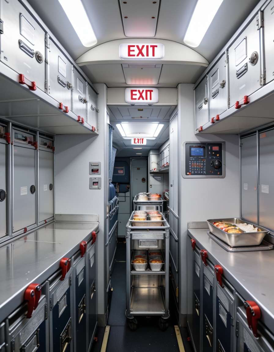 crew service 4r34airplane galley interior,  crew service area,  overhead compartments on Tensor.Art