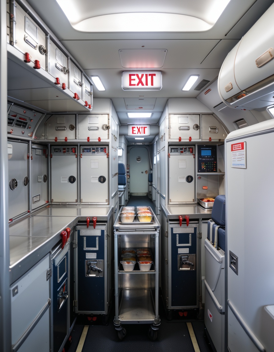 crew service 4r34airplane galley interior,  crew service area,  overhead compartments on Tensor.Art