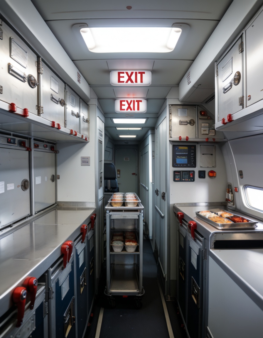 crew service 4r34airplane galley interior,  crew service area,  overhead compartments on Tensor.Art