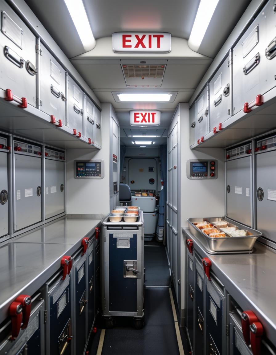 crew service 4r34airplane galley interior,  crew service area,  overhead compartments on Tensor.Art