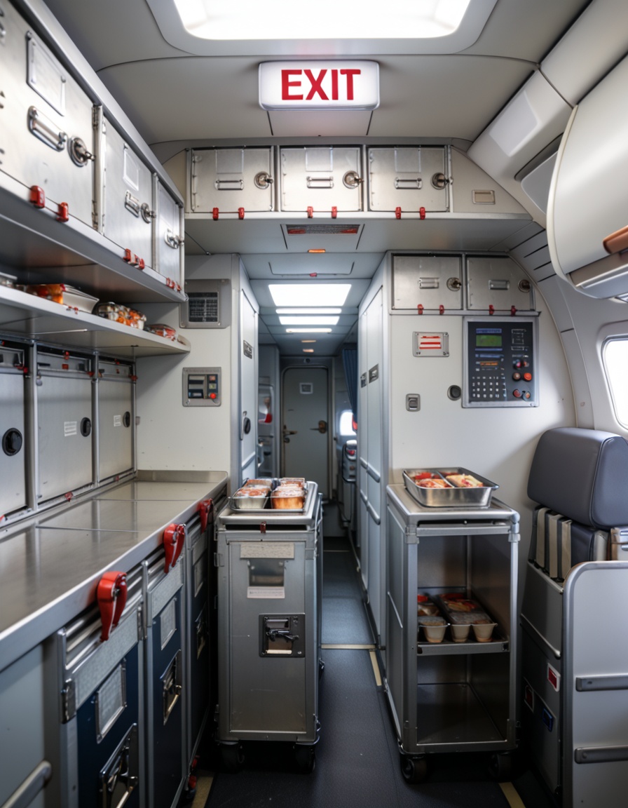 crew service 4r34airplane galley interior,  crew service area,  overhead compartments on Tensor.Art