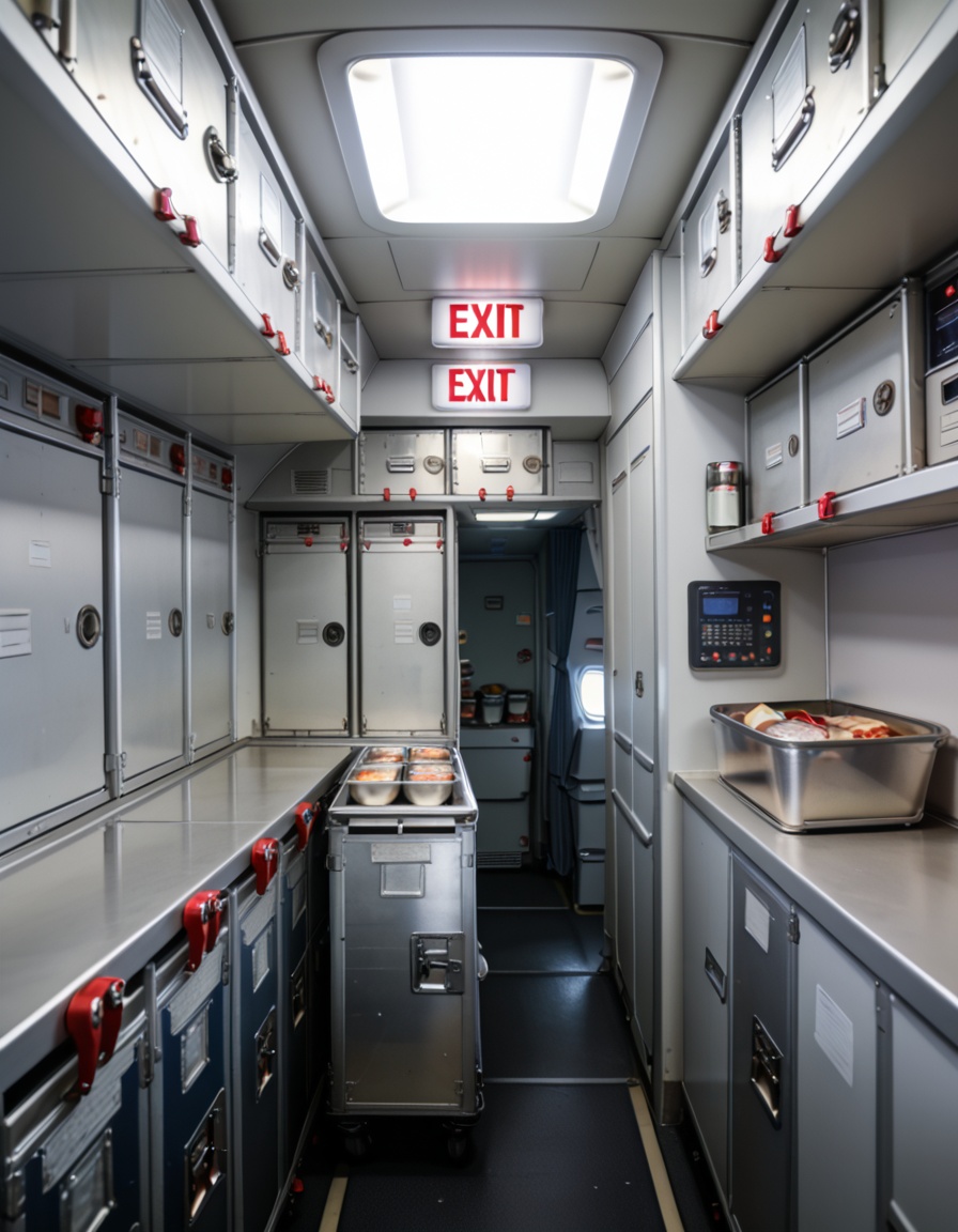 crew service 4r34airplane galley interior,  crew service area,  overhead compartments on Tensor.Art