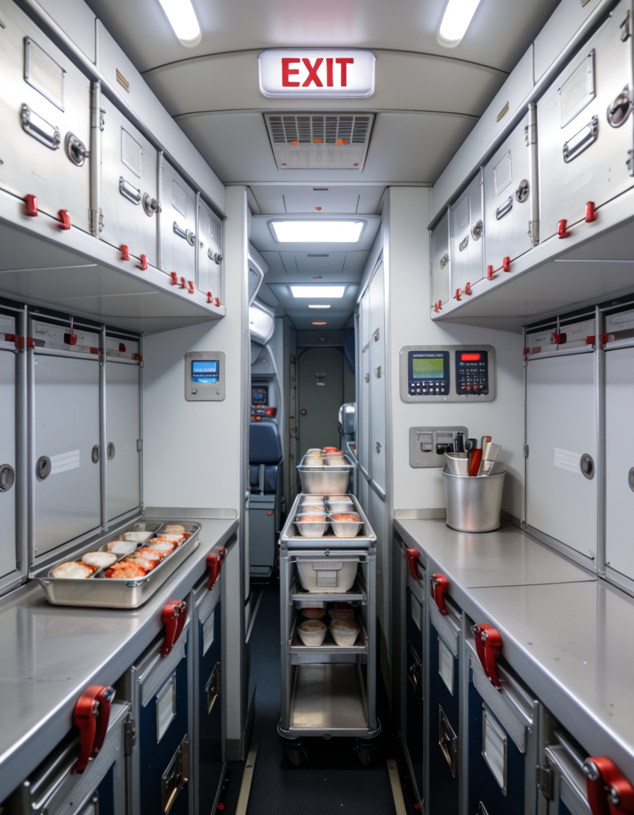 crew service 4r34airplane galley interior,  crew service area,  overhead compartments on Tensor.Art