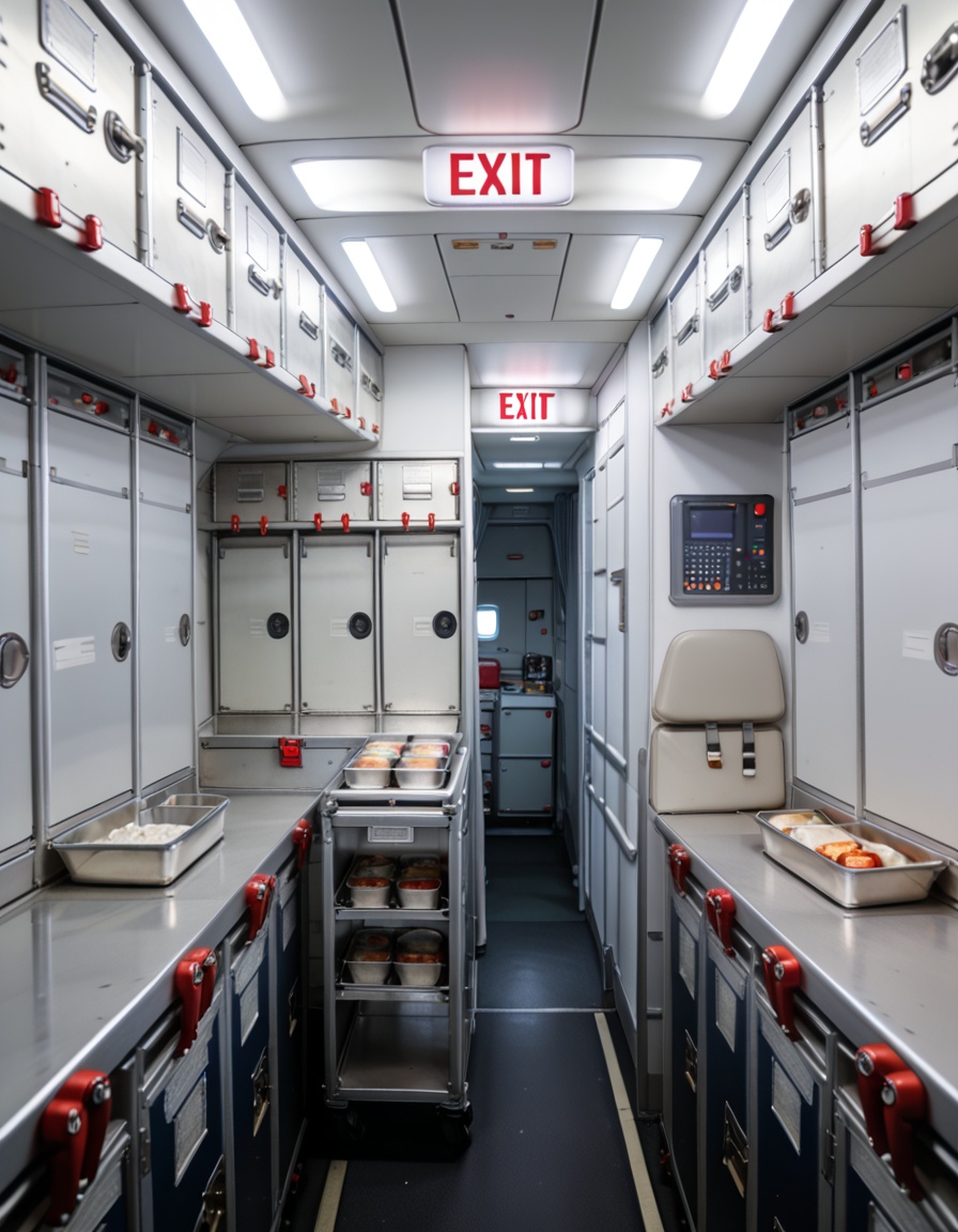crew service 4r34airplane galley interior,  crew service area,  overhead compartments on Tensor.Art