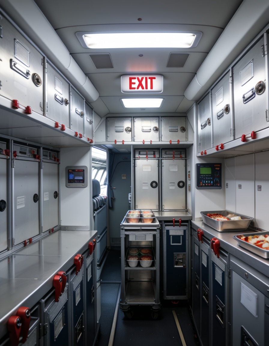 crew service 4r34airplane galley interior,  crew service area,  overhead compartments on Tensor.Art