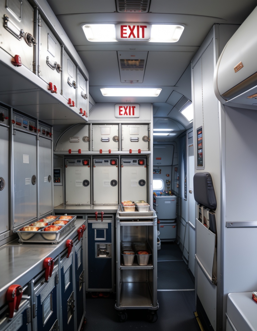 crew service 4r34airplane galley interior,  crew service area,  overhead compartments on Tensor.Art