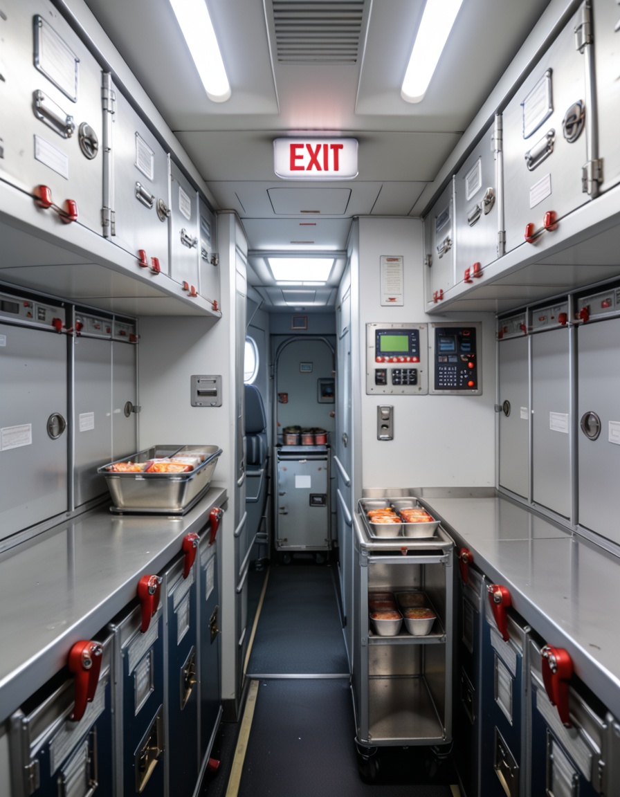 crew service 4r34airplane galley interior,  crew service area,  overhead compartments on Tensor.Art