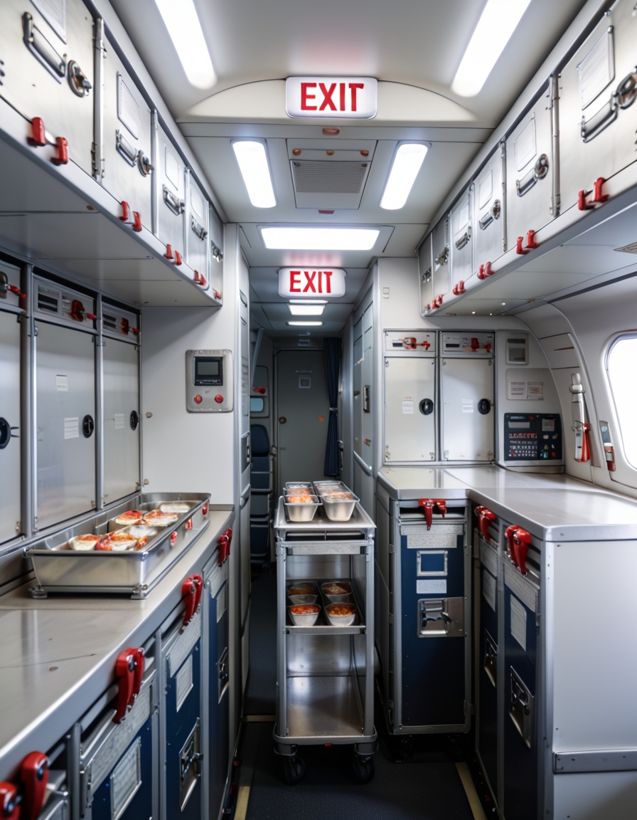 crew service 4r34airplane galley interior,  crew service area,  overhead compartments on Tensor.Art
