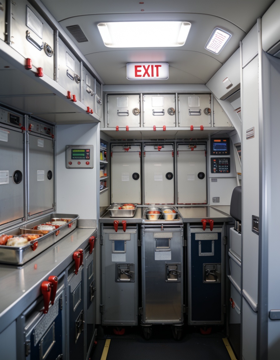 crew service 4r34airplane galley interior,  crew service area,  overhead compartments on Tensor.Art