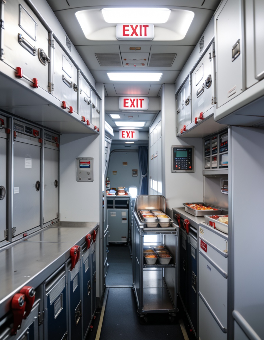 crew service 4r34airplane galley interior,  crew service area,  overhead compartments on Tensor.Art