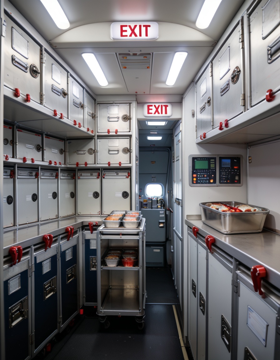 crew service 4r34airplane galley interior,  crew service area,  overhead compartments on Tensor.Art