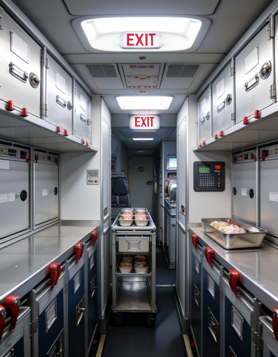 crew service 4r34airplane galley interior,  crew service area,  overhead compartments on Tensor.Art