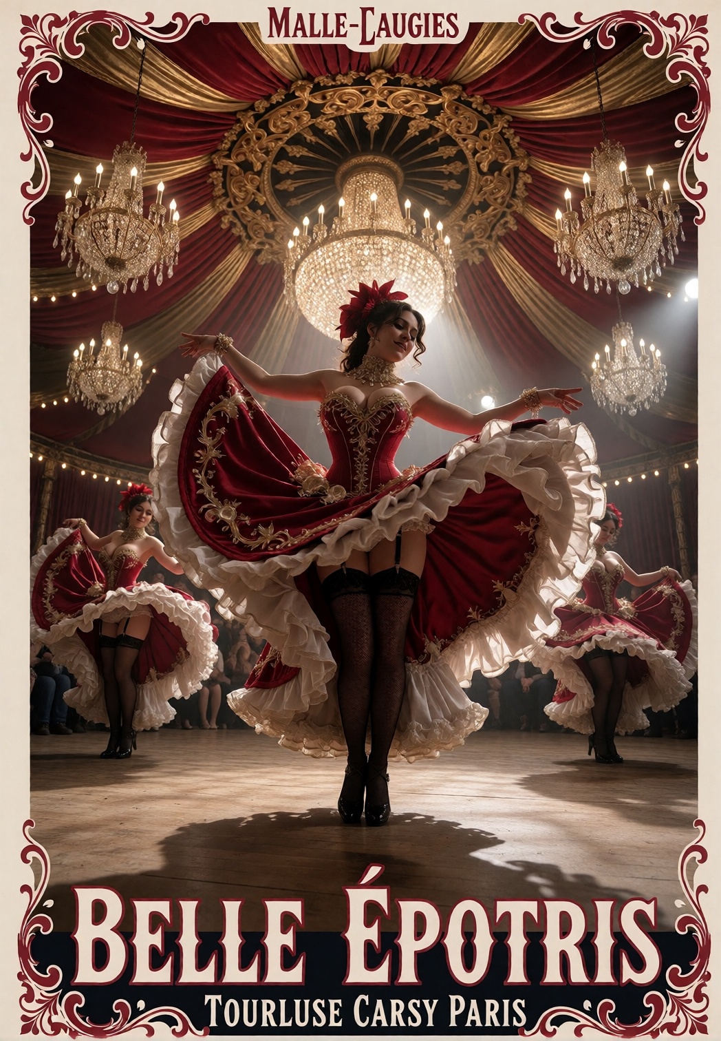 masterpiece,  vintage Belle Époque circus poster,  glamorous can can dancers performing beneath a magnificent red and gold...