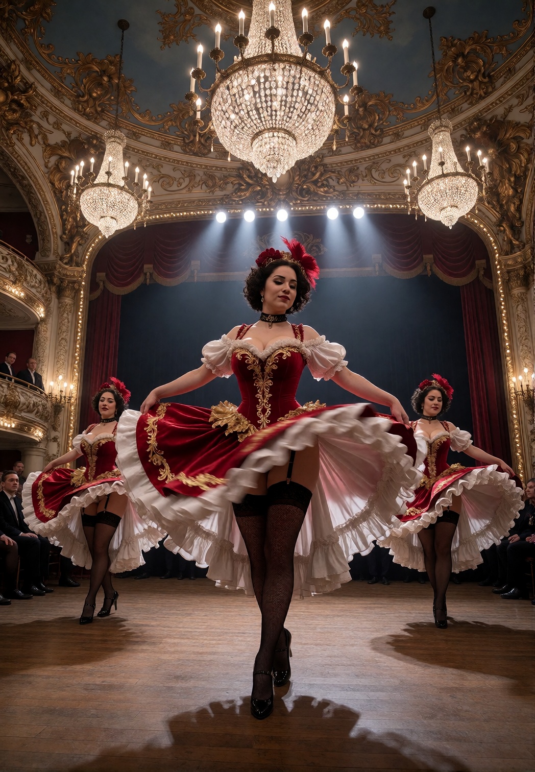 masterpiece,  glamorous Moulin Rouge can-can dancers performing on a magnificent Parisian stage,  swirling red on Tensor.Art