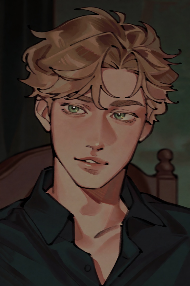 The image depicts a young male with light brown,  tousled hair and striking green eyes. He is wearing a dark-colored shirt...