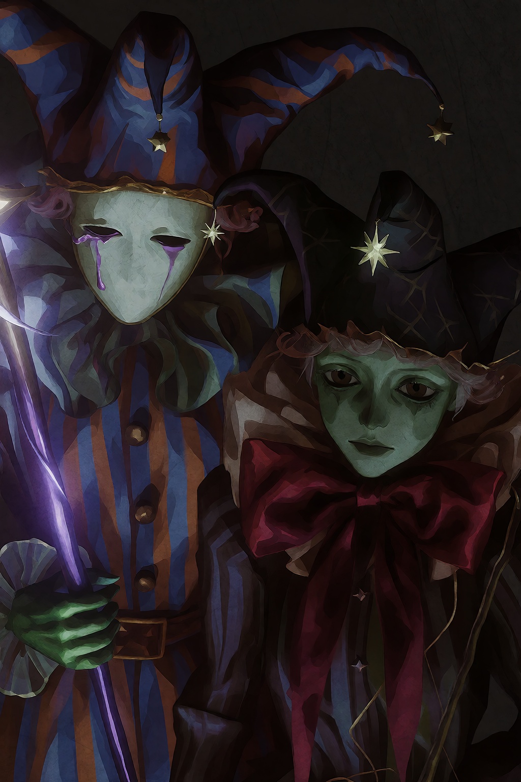 In a medium portrait shot with a straight-on viewing angle and slight telephoto compression,  two figures in jester attire...