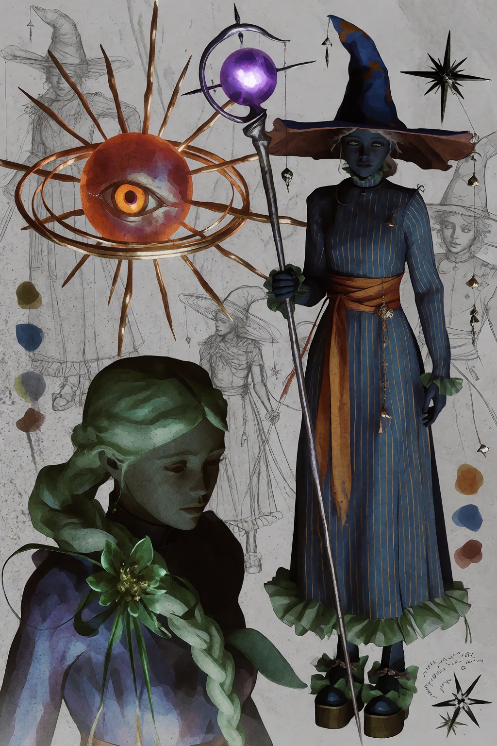 A medium shot character concept sheet presented in a collage style shows a full-body standing figure on the right,  a prof...