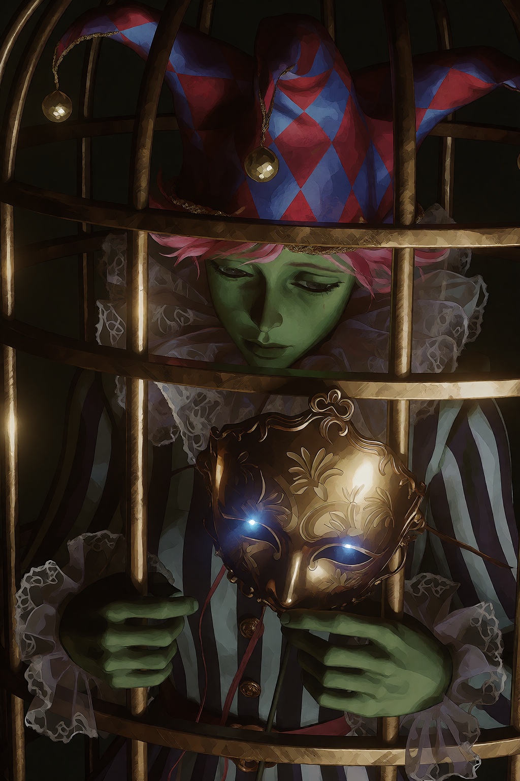 A close-up shot of a green-skinned figure wearing a harlequin hat behind thick,  vertical golden bars of a cage. The figur...