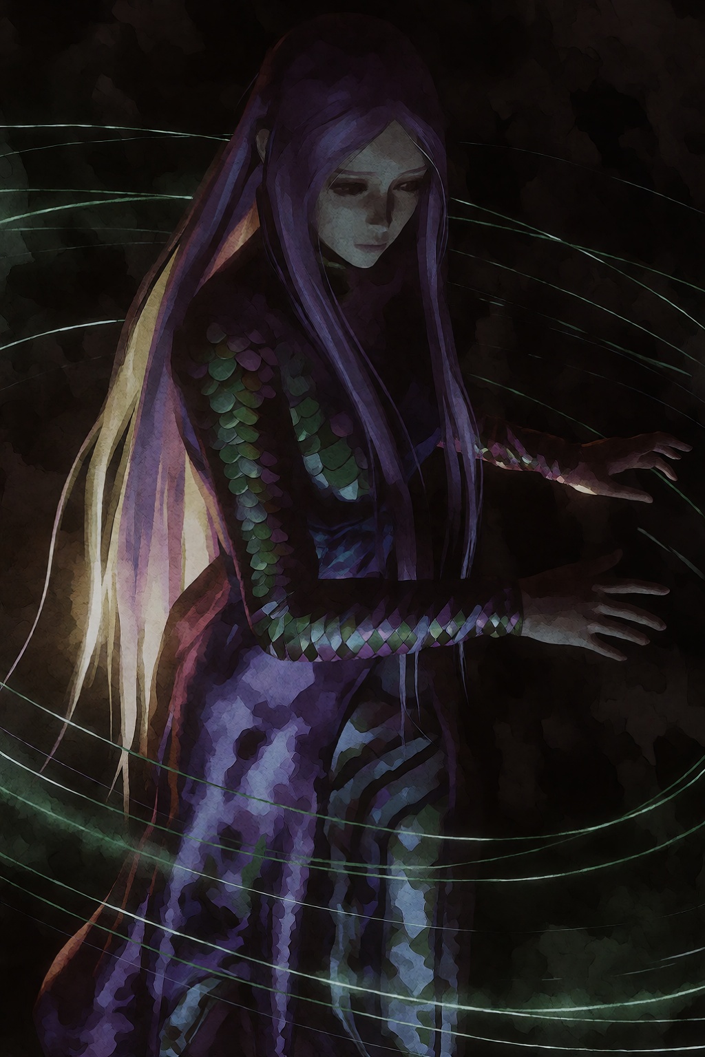 In this medium-profile shot from a low camera angle,  a young woman with long,  straight purple hair stands amidst a dark...