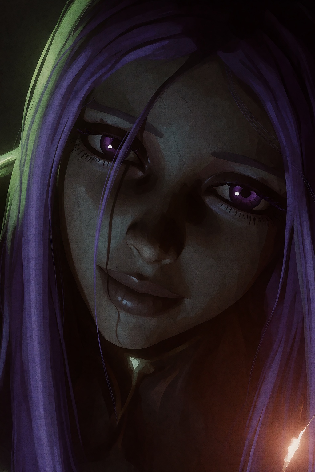 An extreme close-up,  low-angle cinematic portrait depicts a young woman with dark skin and long,  straight violet hair on...