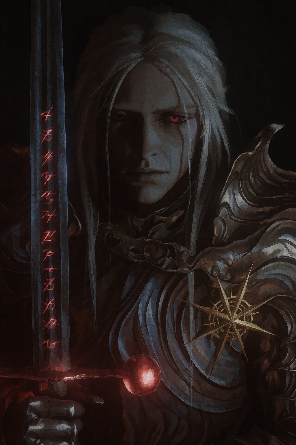 4kiitopii4,  The image presents a portrait of Elric of Melniboné,  positioned in a close-up shot from a straight-on camera...
