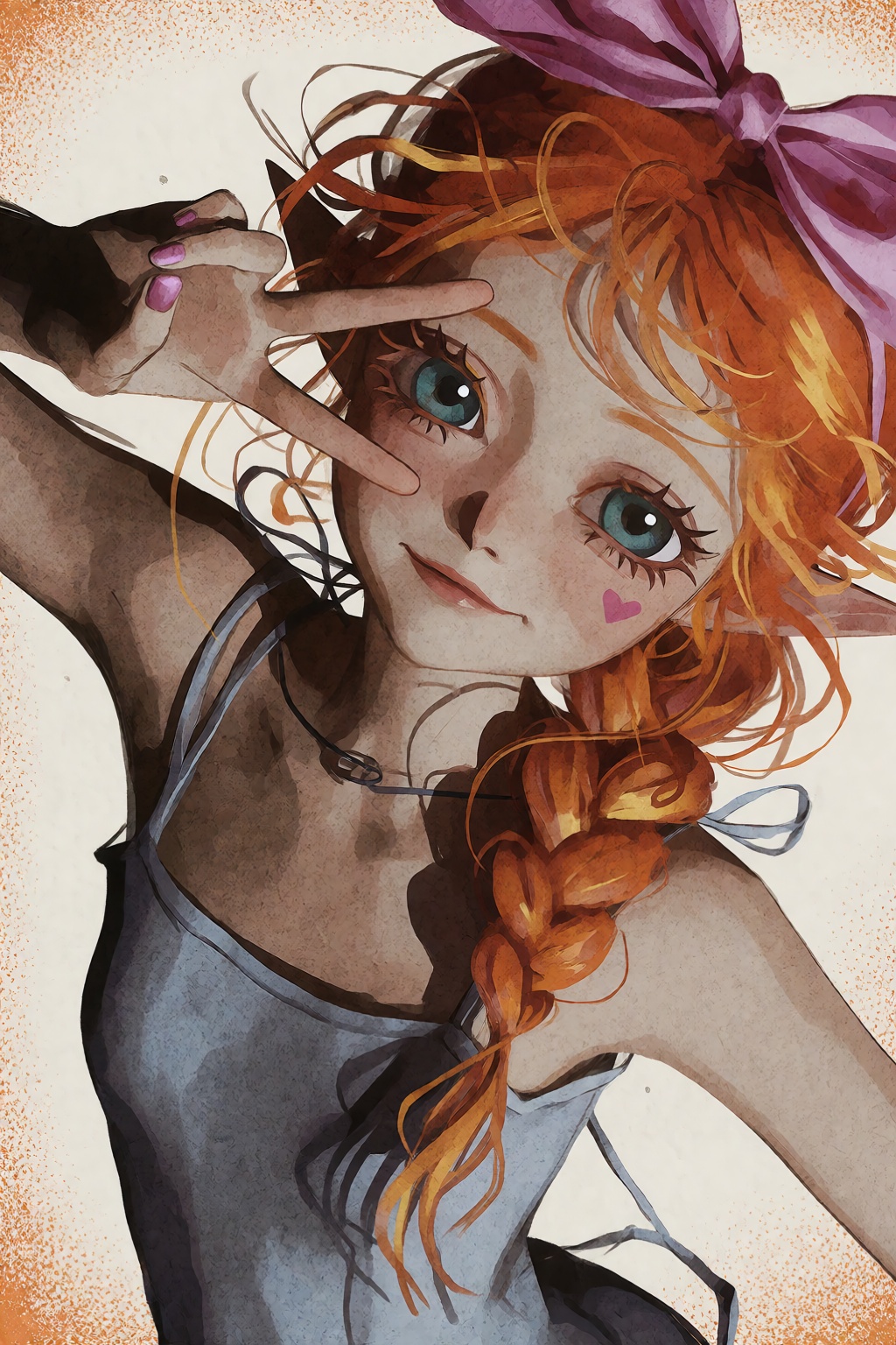 4kiitopii4,  in a dynamic,  close-up mid-shot perspective against a textured cream background with orange stippled edges o...
