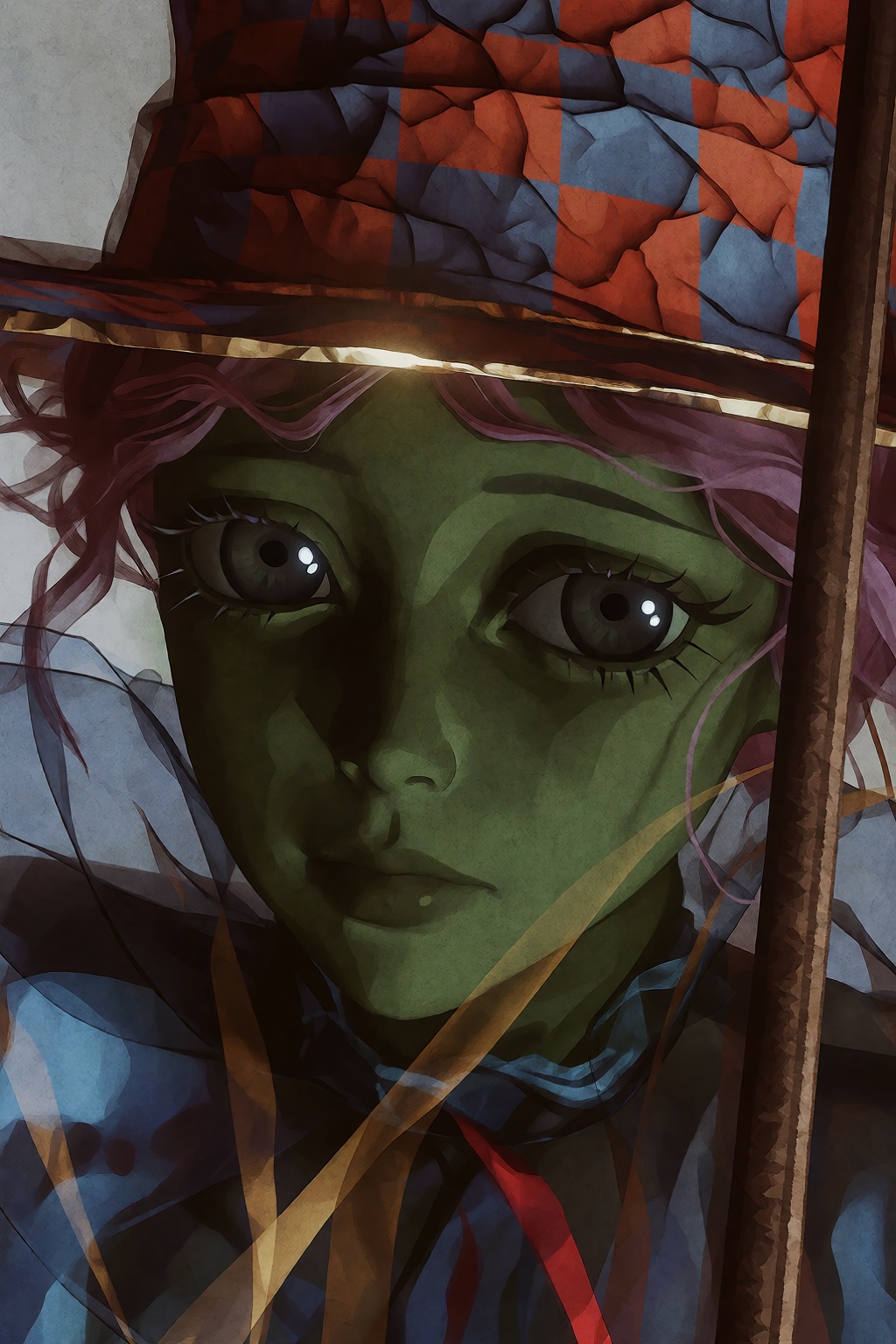 In this vertical close-up shot,  the green-skinned face of a young woman is seen through a layered,  translucent on Tensor...
