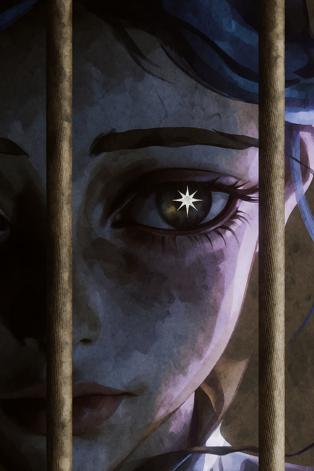 An extreme close-up,  portrait-style digital painting features the right side of a young woman's face,  partially obscured...