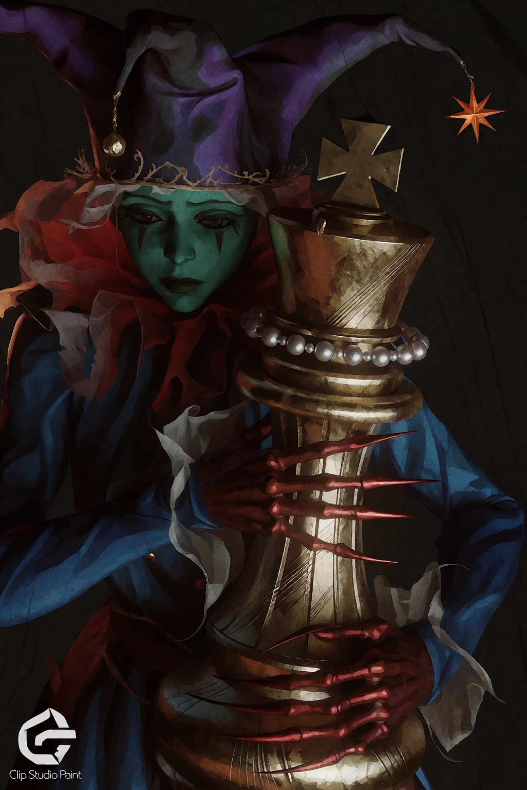 A medium close-up,  cinematic concept art portrait shows a figure with teal skin and long,  pointed red fingernails on Ten...