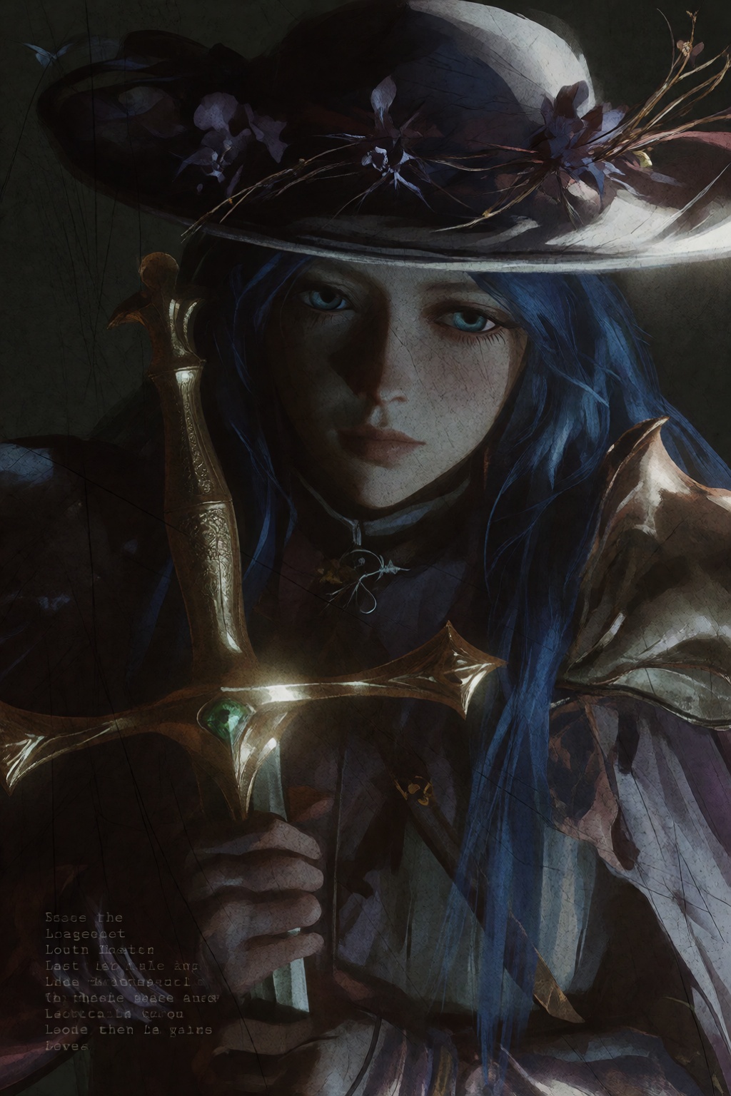 A close-up portrait of a young woman with long,  dark blue hair and pale skin,  positioned slightly off-center to the righ...