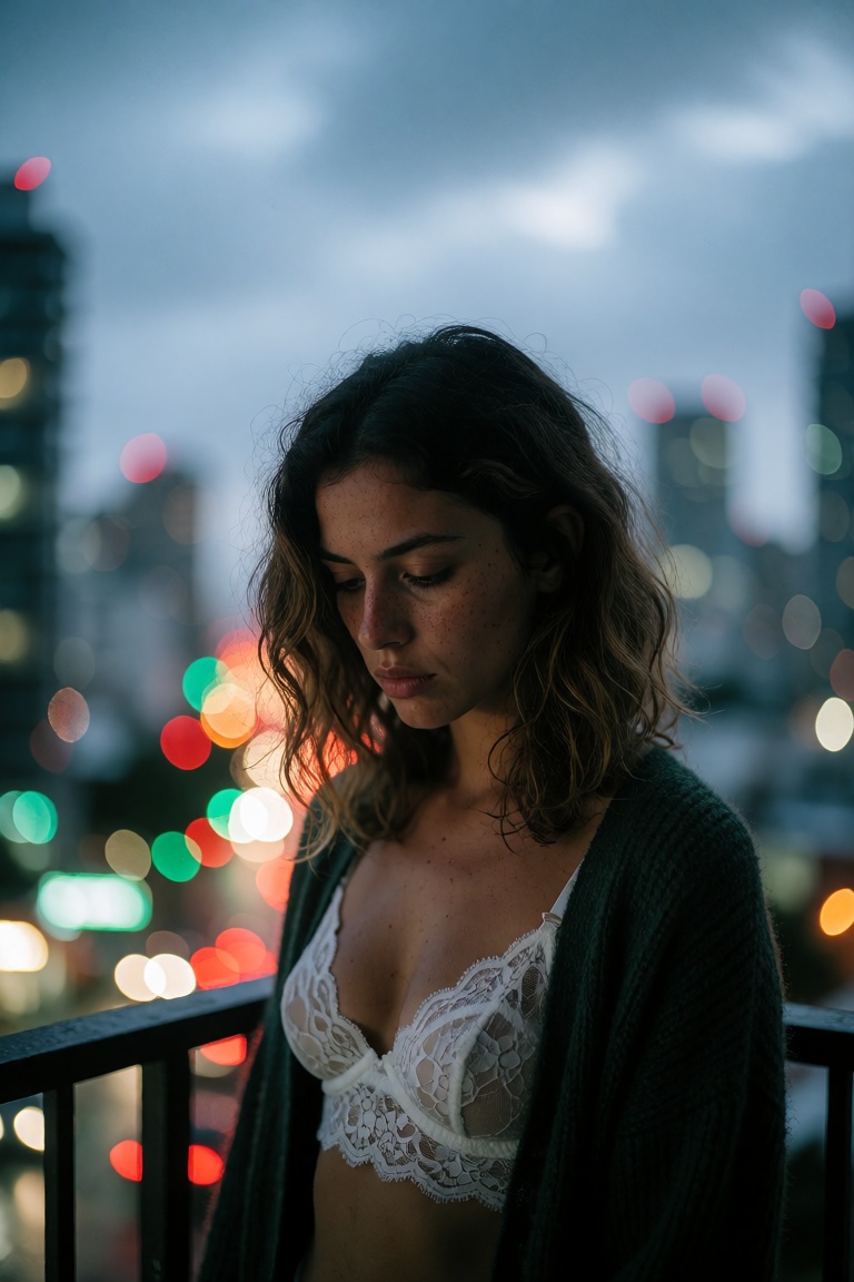 This photograph captures a young woman with medium-length,  wavy brown hair standing on a balcony at dusk. She has a light...