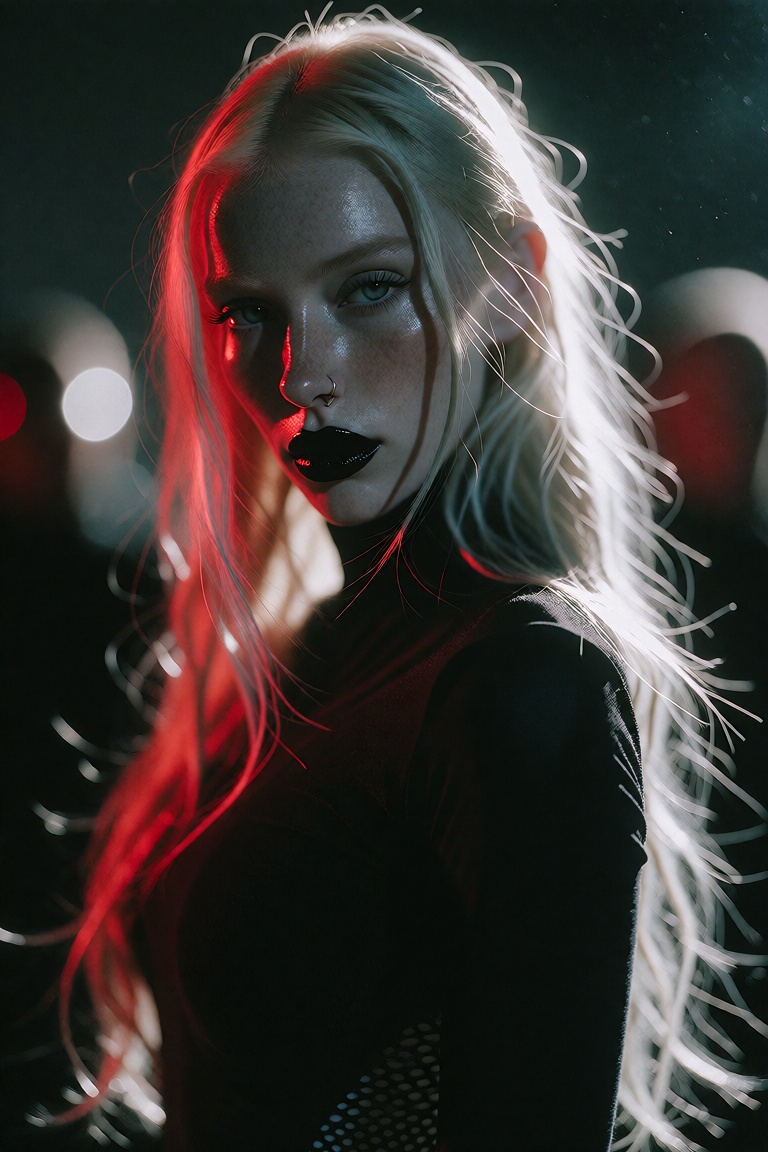 This is a digital photograph of a young woman with a striking,  ethereal appearance. She has long,  straight on Tensor.Art