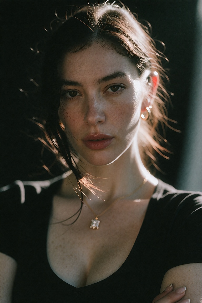 Photograph of an East Asian woman with fair skin and dark brown hair,  partially illuminated by sunlight. She has a calm,...